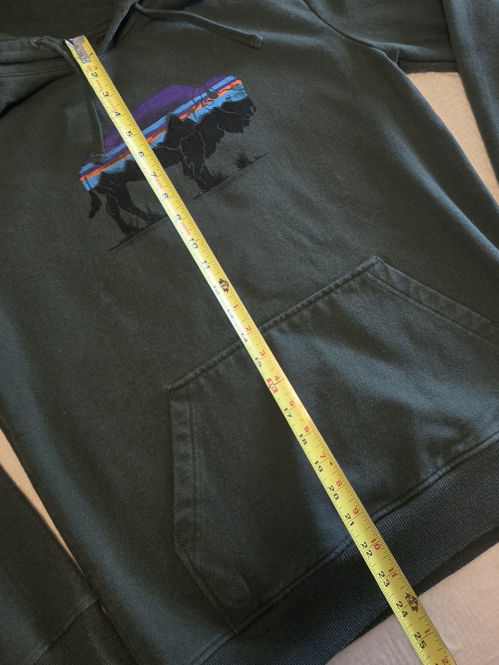 Patagonia Dark Green Crewneck Hoodie with Mountain Bison Graphic, Size Medium - Picture 8 of 8